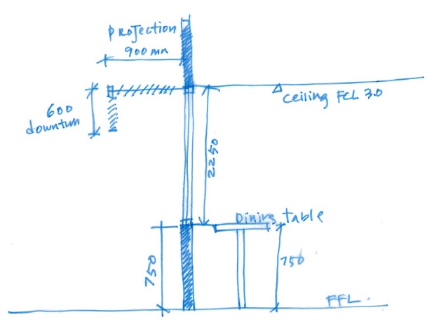 Building section drawing showing ceiling, glazing and floor dimensions
